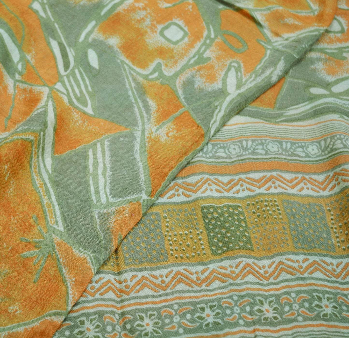 Vintage Green & Saffron Saree Woven Printed Pure Woolen Indian Sari Fabric 5Yard Indian Sari Soft Floral Warm