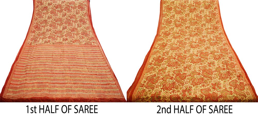 Women Vintage Sari Beige & red Pure Chiffon Silk Block Printed Saree Craft Fabric Sewing 5Yard Soft Light Sari Dress Making