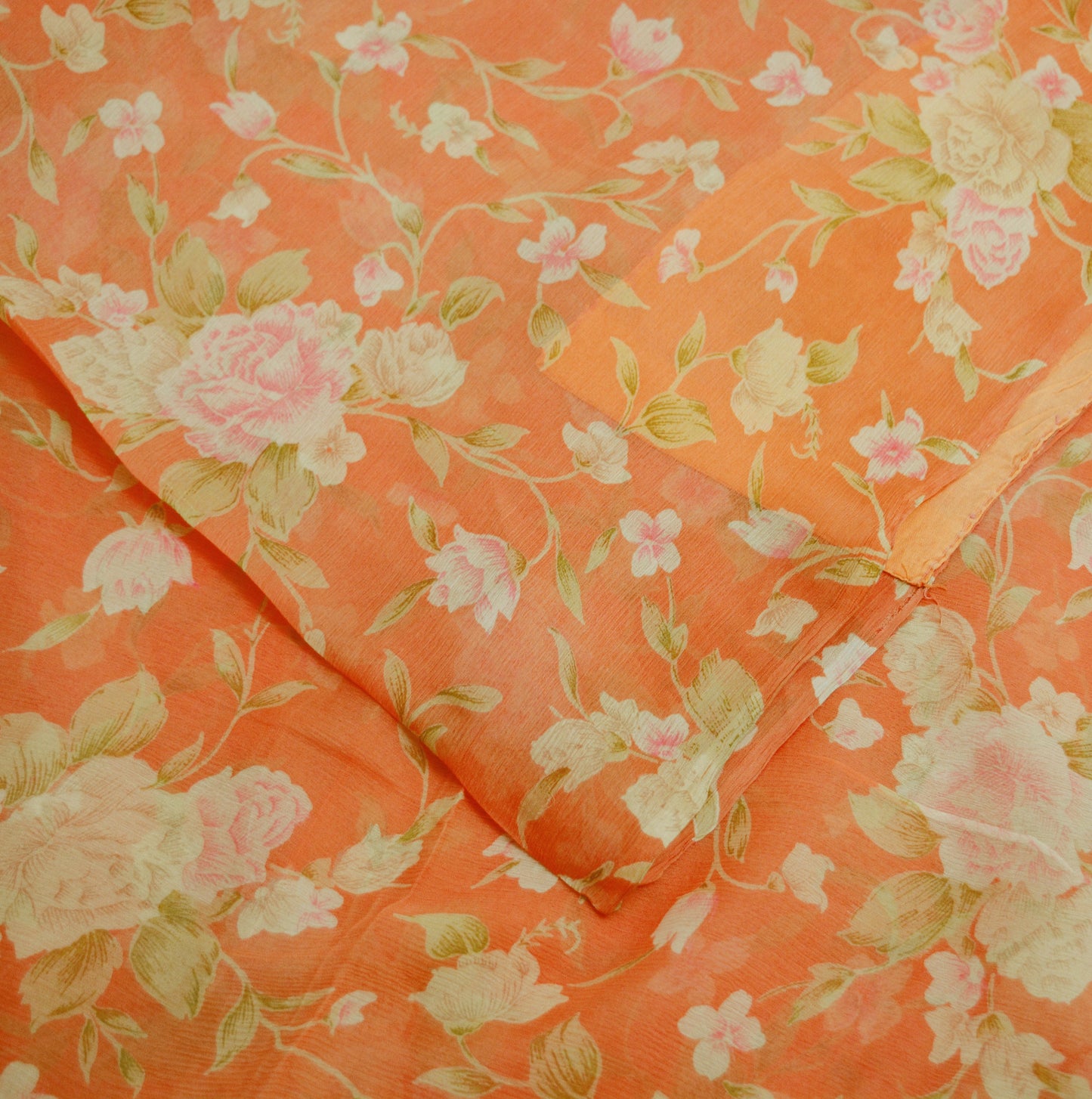 Women Vintage Sari Orange Pure Chiffon Silk Printed Saree Craft Fabric Sewing 5Yard Soft Light Sari Dress Making Floral