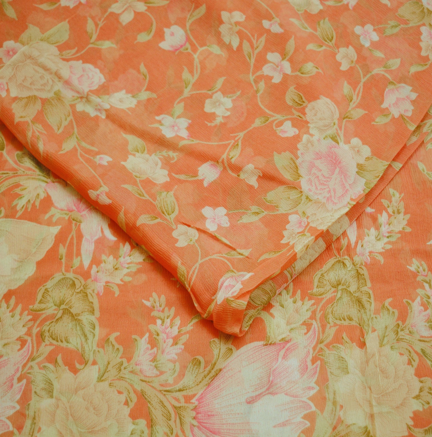 Women Vintage Sari Orange Pure Chiffon Silk Printed Saree Craft Fabric Sewing 5Yard Soft Light Sari Dress Making Floral