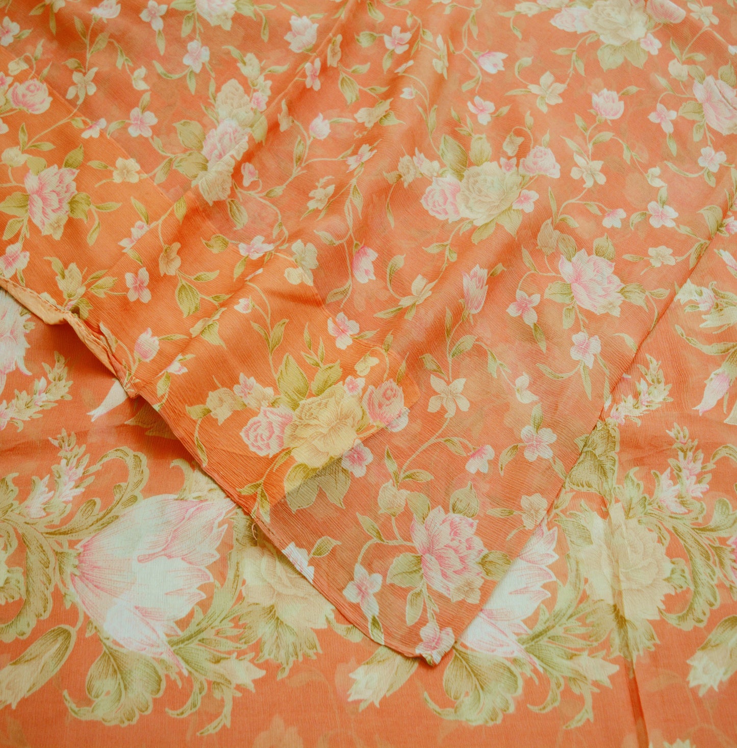 Women Vintage Sari Orange Pure Chiffon Silk Printed Saree Craft Fabric Sewing 5Yard Soft Light Sari Dress Making Floral