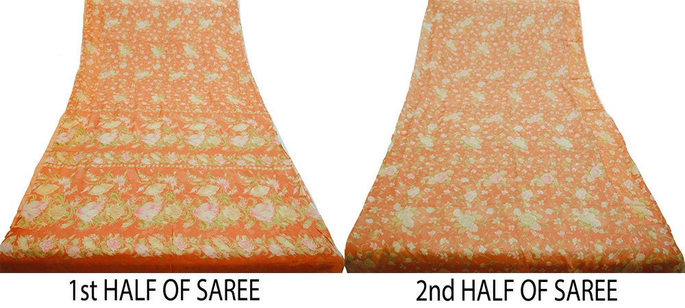 Women Vintage Sari Orange Pure Chiffon Silk Printed Saree Craft Fabric Sewing 5Yard Soft Light Sari Dress Making Floral