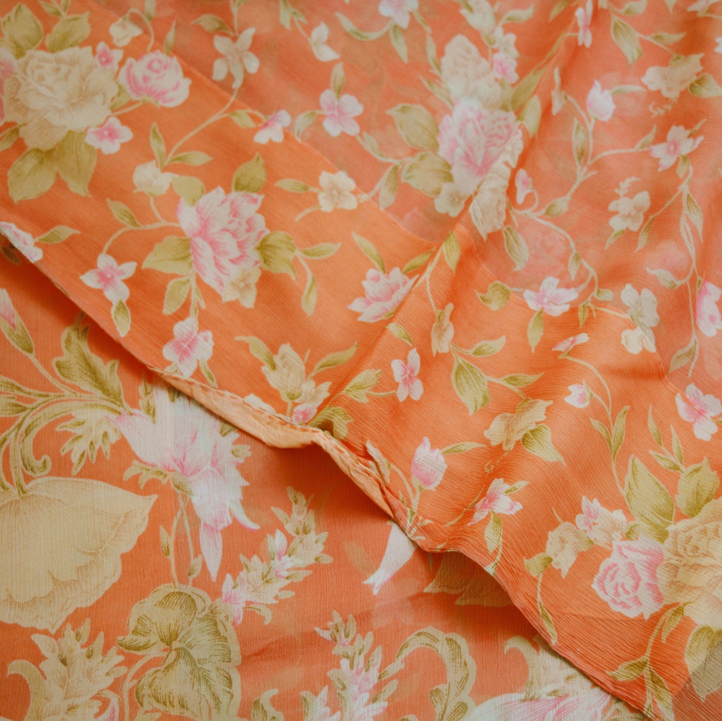 Women Vintage Sari Orange Pure Chiffon Silk Printed Saree Craft Fabric Sewing 5Yard Soft Light Sari Dress Making Floral