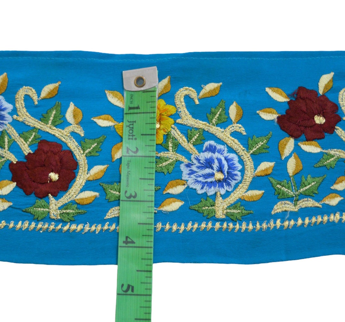Indian Vintage Turquoise Saree Border Hand Embroidered Indian Craft Trim Lace Sewing Sari Ribbon Pure Crepe silk