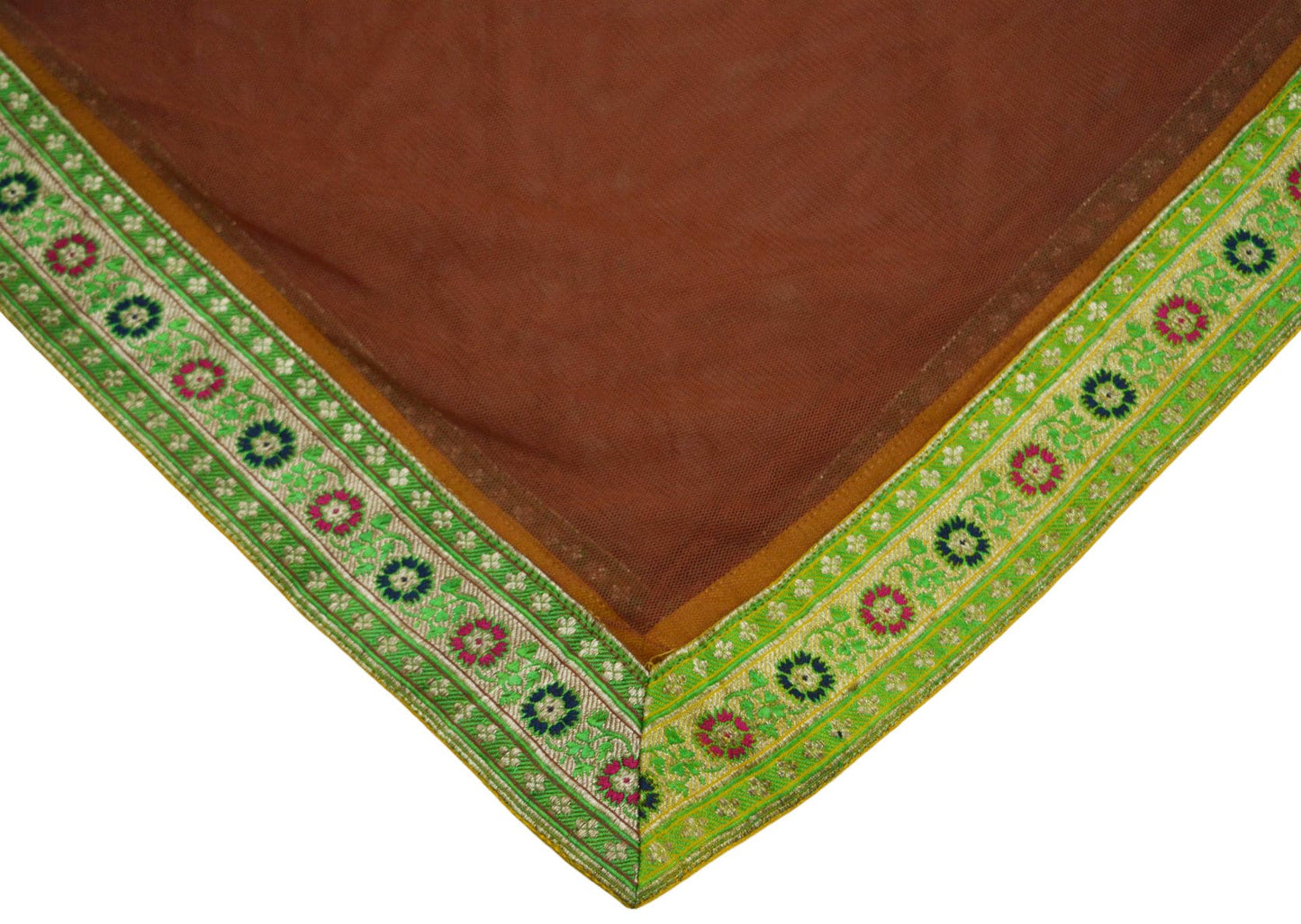 Indian Vintage Brown Dupatta Net Mesh Long Stole Woven Scarves Brocade border work Golden zari