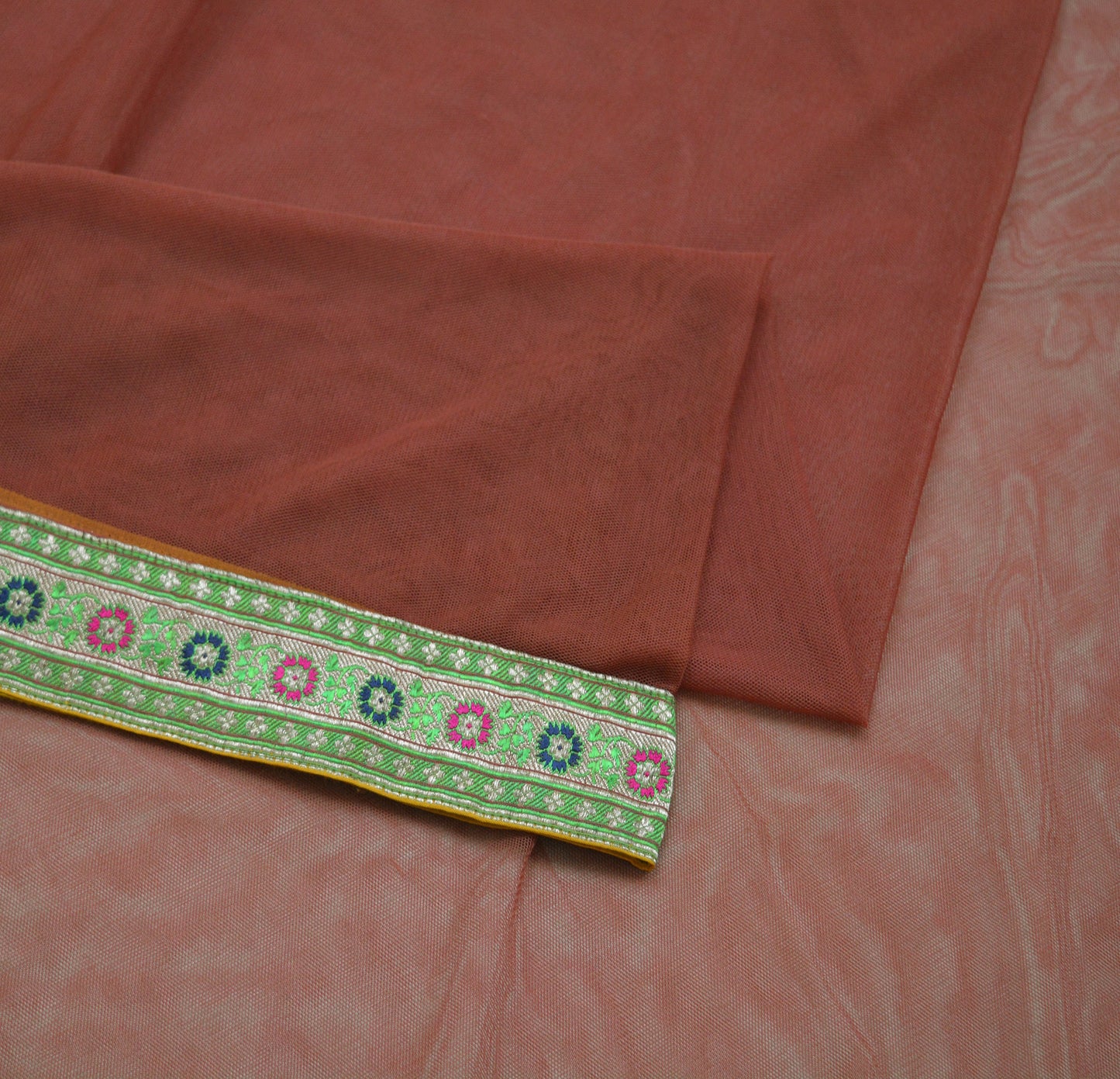 Indian Vintage Brown Dupatta Net Mesh Long Stole Woven Scarves Brocade border work Golden zari