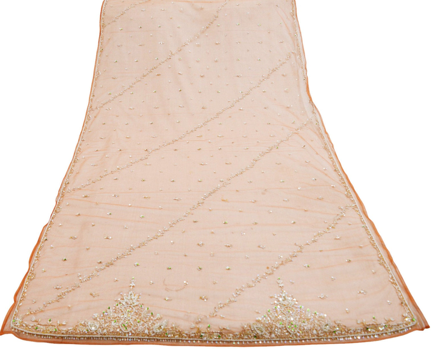 FREE SHIPPING Indian Vintage Orange Dupatta Net Mesh Long Stole Hand Embroidered Scarves Golden Zardozi Zari Sequins Stole