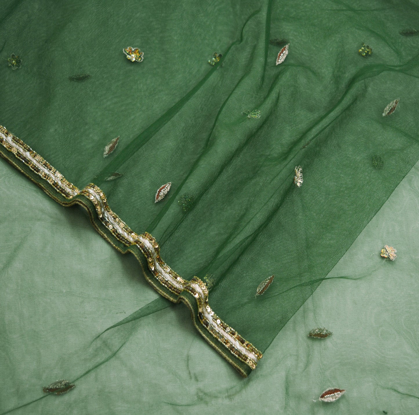 Indian Vintage Green Dupatta Long Stole Net Mess Hand Embroidered Scarves Veil Hijab Sequins
