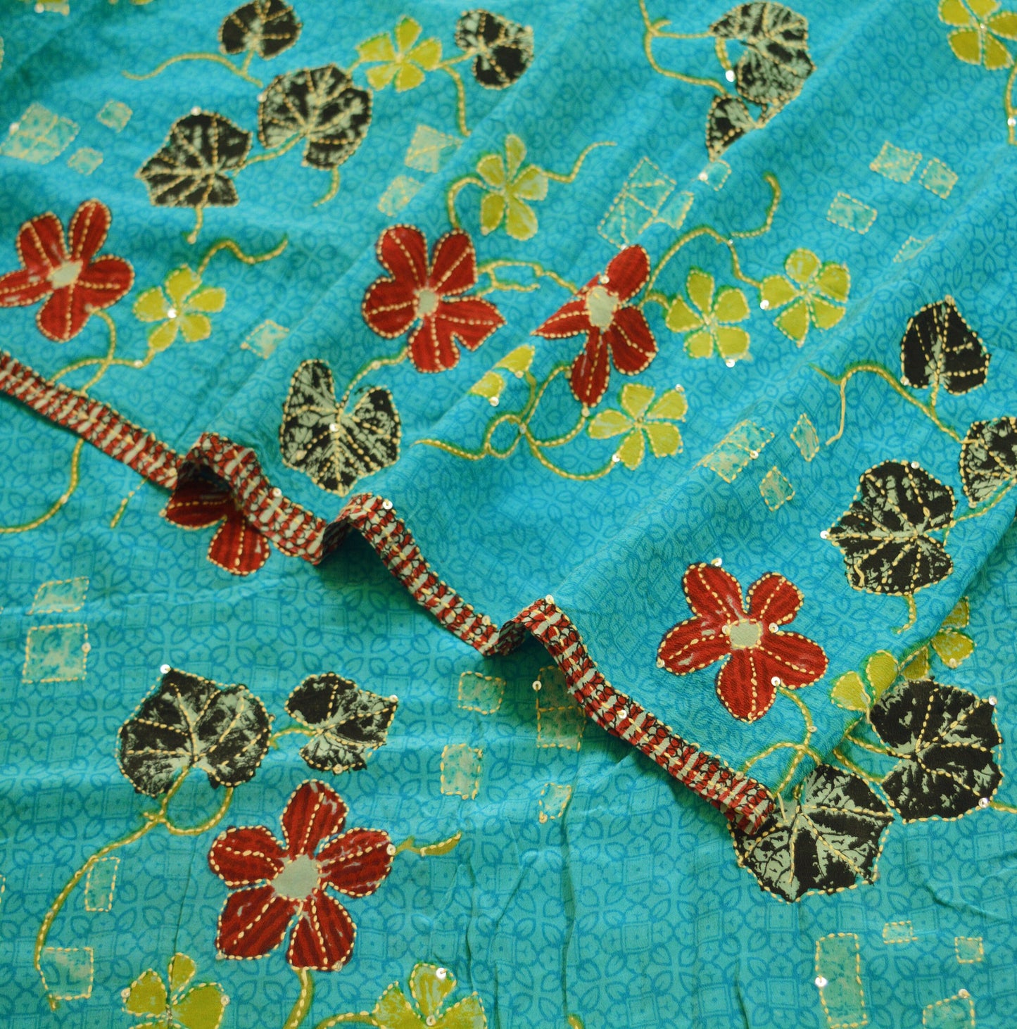 Indian Vintage Sari Blue Pure Crepe Silk Hand Embroidered Kantha Saree 5yard Sewing Floral Soft Floral