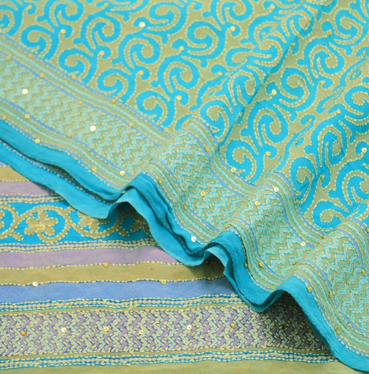 Indian Vintage Sari Blue Pure Crepe Silk Hand Embroidered Kantha Saree 5yard Sewing Floral Soft Floral