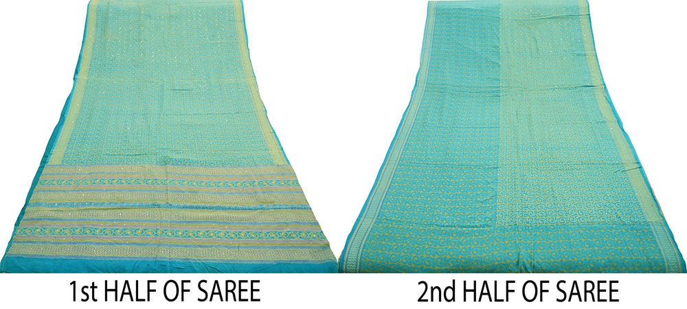 Indian Vintage Sari Blue Pure Crepe Silk Hand Embroidered Kantha Saree 5yard Sewing Floral Soft Floral
