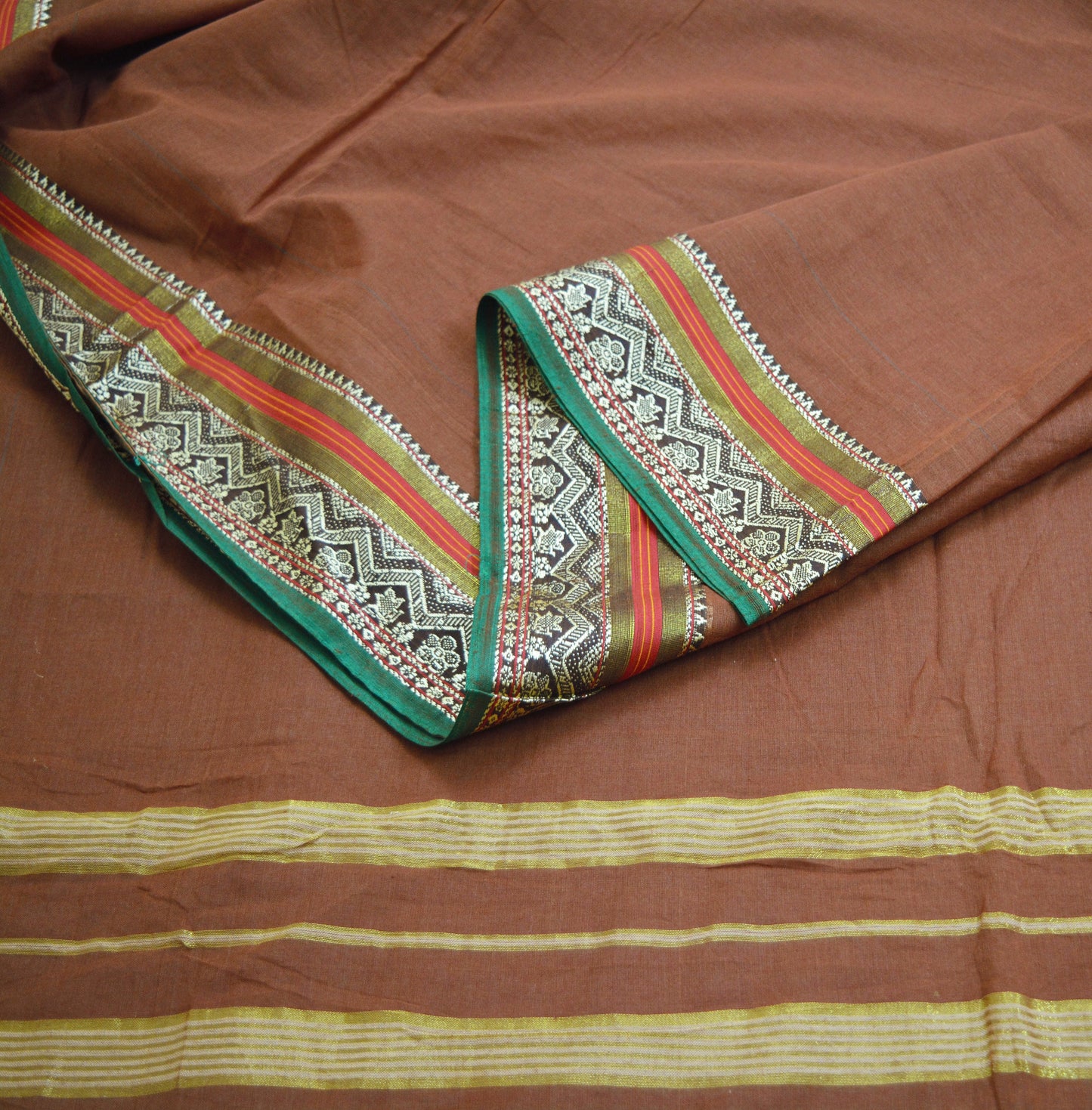 Vintage Sari Brown Pure Cotton Hand Woven Saree Golden Zari 5Yard Soft Floral Ethnic
