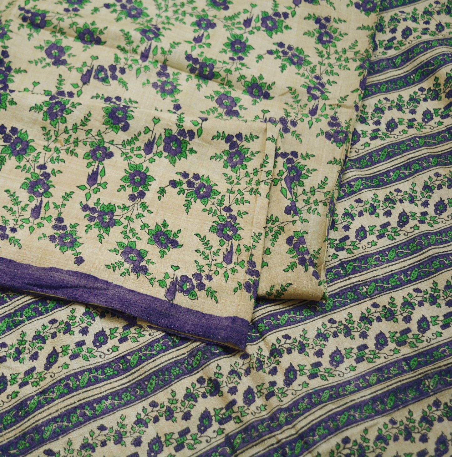 Indian Vintage Cream Saree Pure Khadi Silk Handloom Printed Indian Sari Fabric 5yard Ethnic Wear Sari Floral