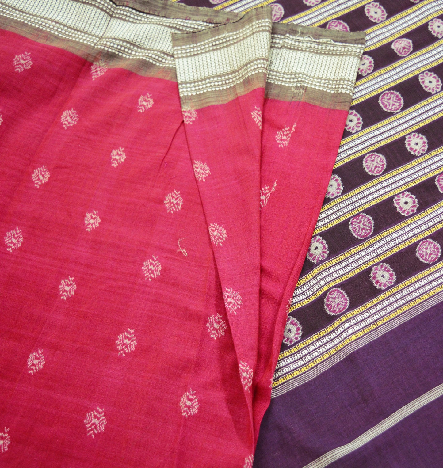 Indian Vintage Red & Purple Hand woven Sambalpuri Ikat sari Saree Pure Cotton Indian Sari Fabric 5Yard Ethnic Chackra Border