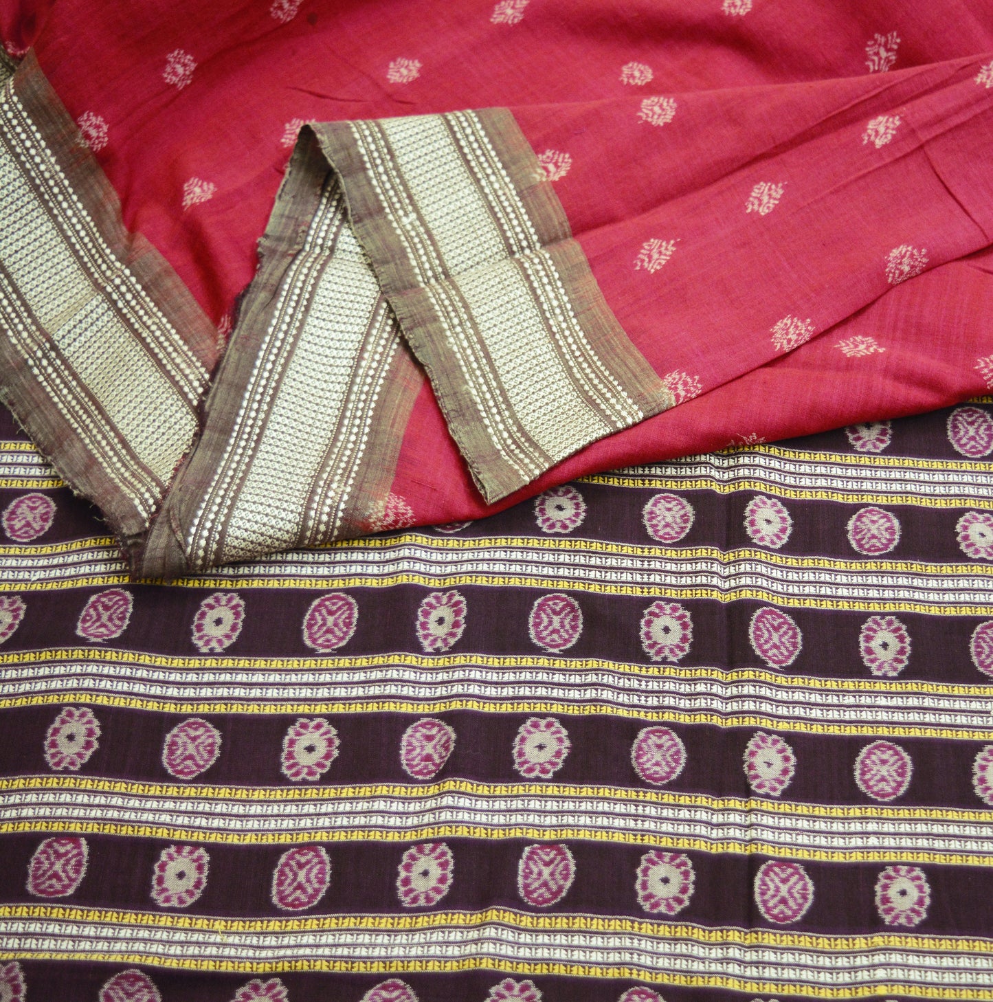 Indian Vintage Red & Purple Hand woven Sambalpuri Ikat sari Saree Pure Cotton Indian Sari Fabric 5Yard Ethnic Chackra Border