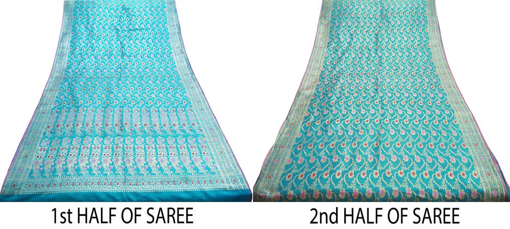 Indian Vintage Sari Blue Heavy Wedding Art Silk Woven Banarasi Brocade Saree Ethnic Golden Zari 5Yd