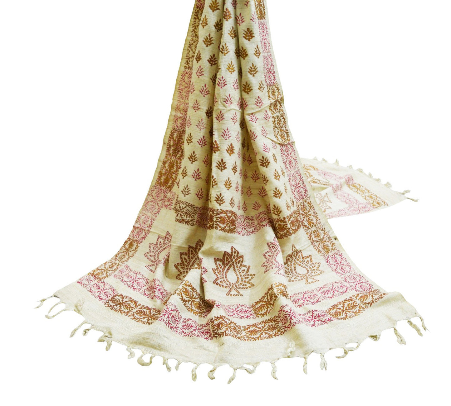 Indian Vintage Ivory Dupatta Long Stole 100% Pure Khadi Silk Hand Woven/ Painted Indian Scarves Veil Scarf Wrap Hippie Fringes