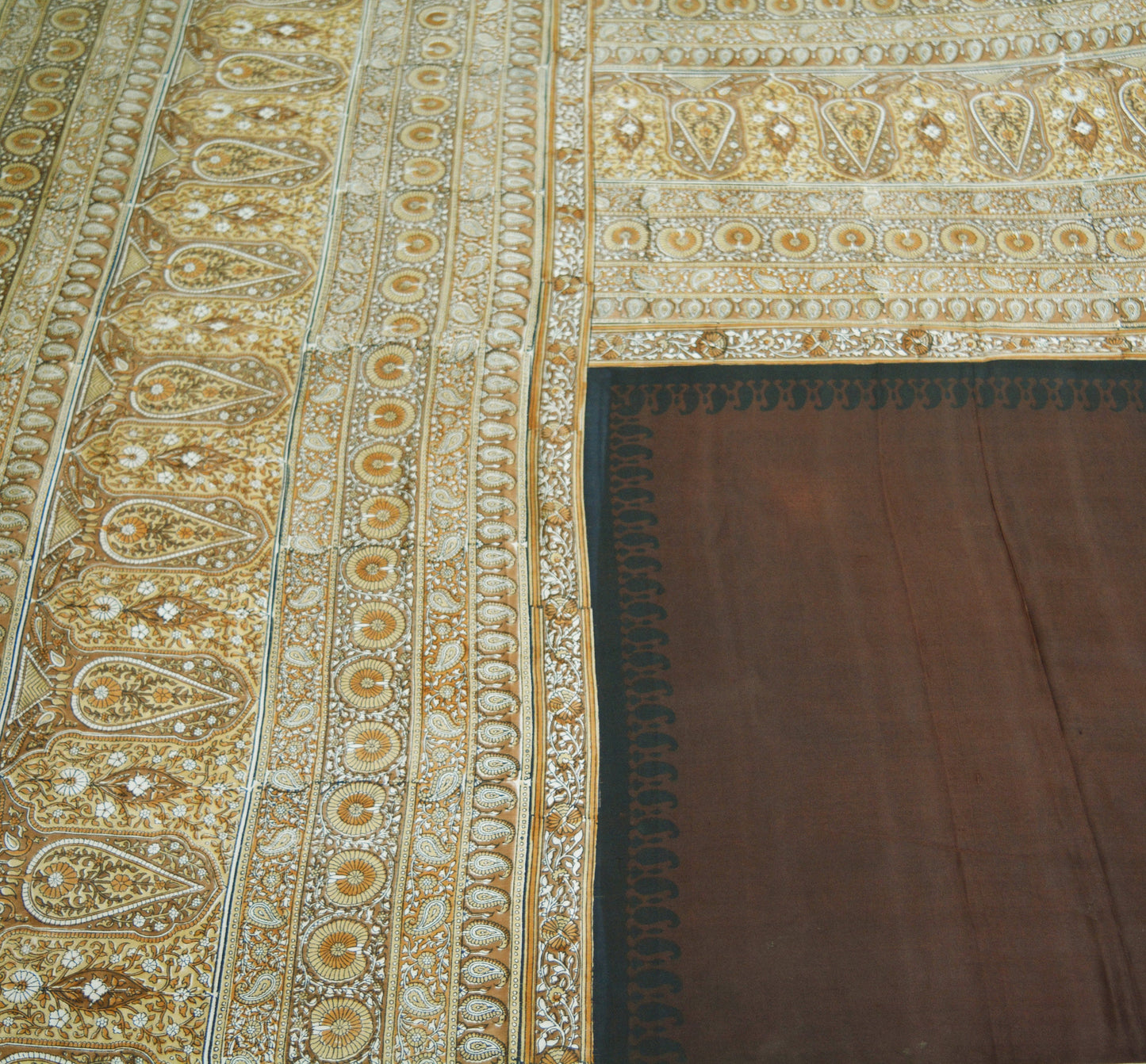Indian Vintage Sari Brown & Black Pure Silk Printed Saree 5yd Sewing Craft Fabric DressMaking Soft