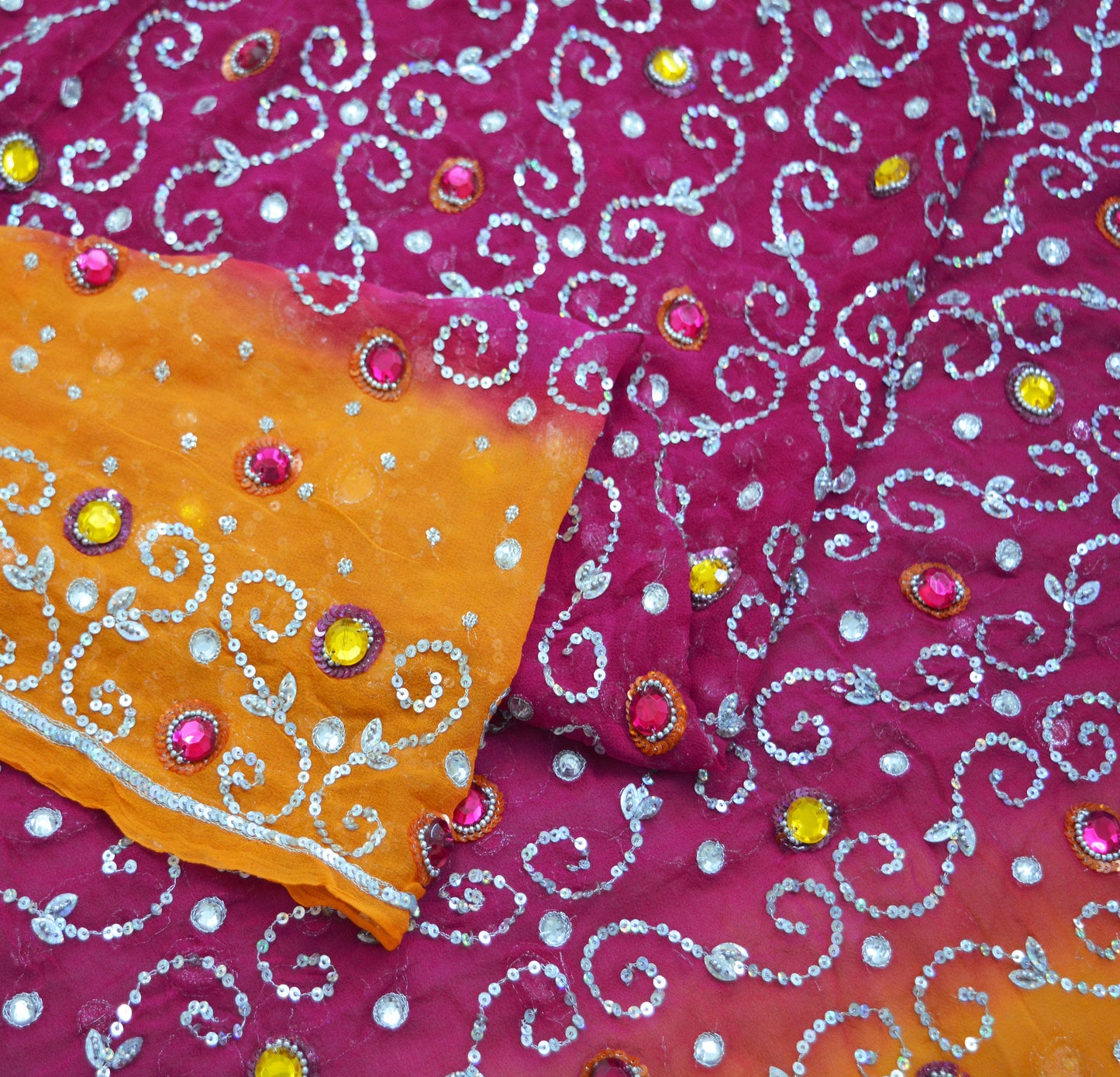 Indian Vintage Orange & Purple Dupatta Pure Georgette silk Long Stole Hand Embroidered Scarves Stole Veil Wrap Sequins