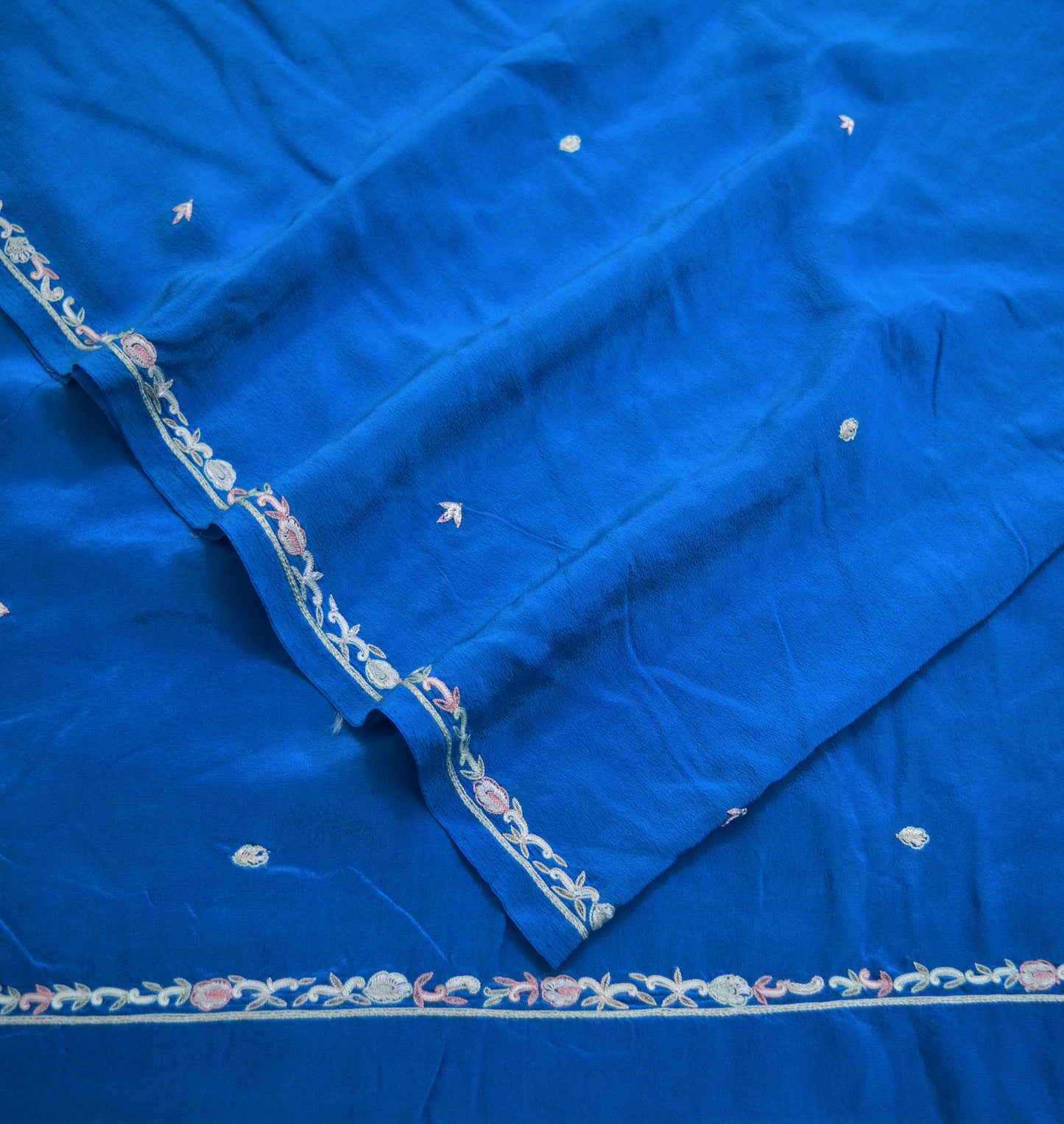 Indian Vintage Blue Dupatta Long Stole Pure Crepe Silk Embroidered Indian Scarves Veil Scarf Wrap Hippie Boho
