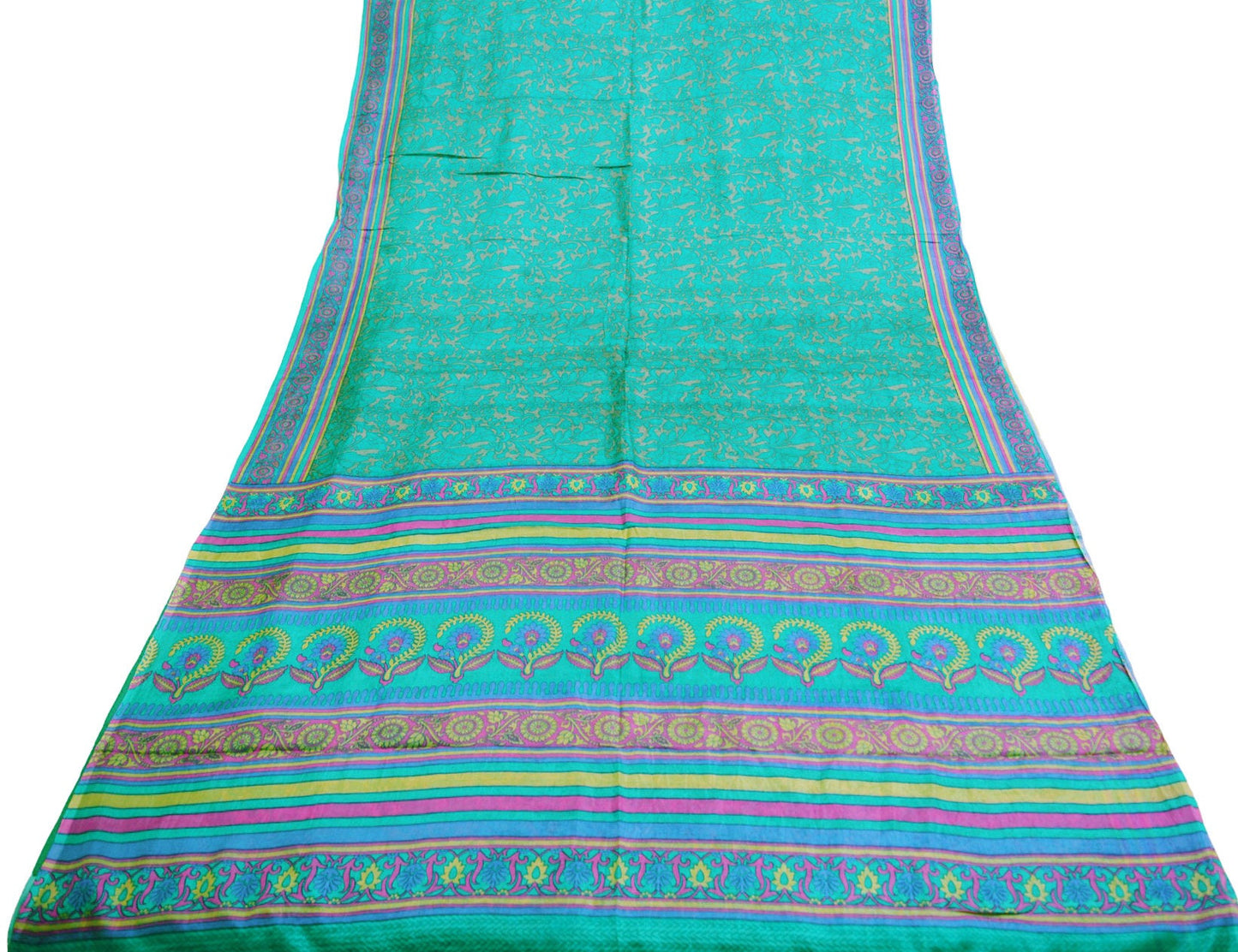 Indian Vintage Sari Green Pure Silk Printed Saree Fabric 5yd Sewing Craft DressMaking Soft Floral Design