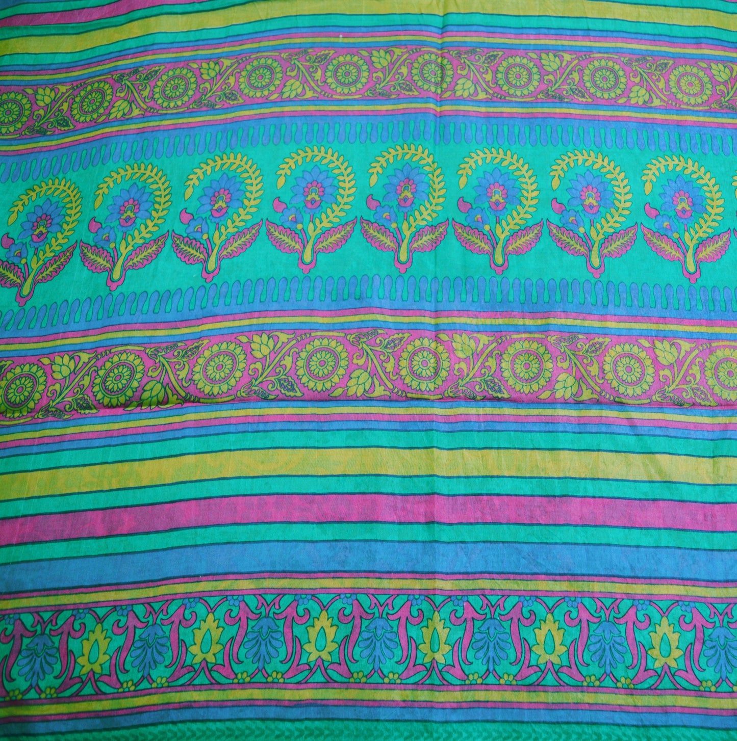 Indian Vintage Sari Green Pure Silk Printed Saree Fabric 5yd Sewing Craft DressMaking Soft Floral Design