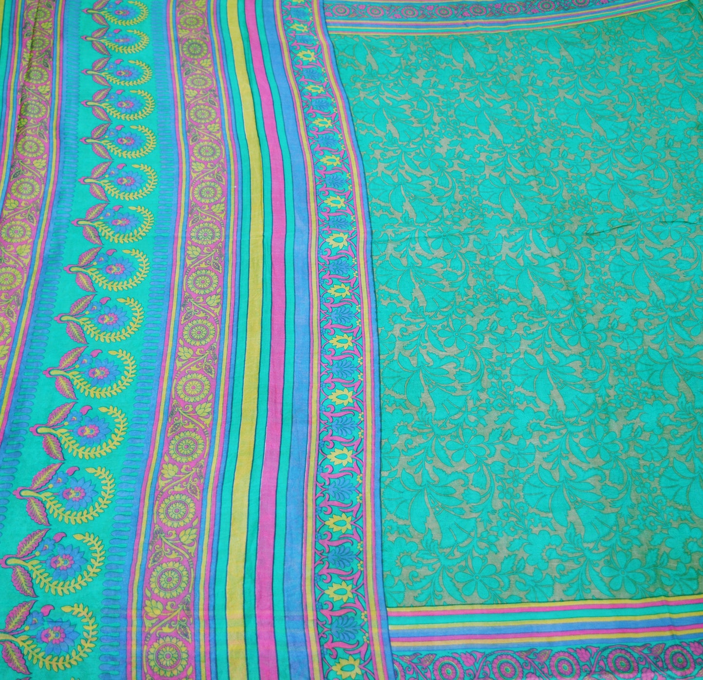Indian Vintage Sari Green Pure Silk Printed Saree Fabric 5yd Sewing Craft DressMaking Soft Floral Design
