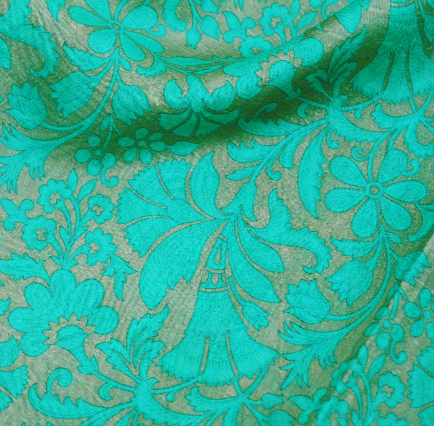 Indian Vintage Sari Green Pure Silk Printed Saree Fabric 5yd Sewing Craft DressMaking Soft Floral Design