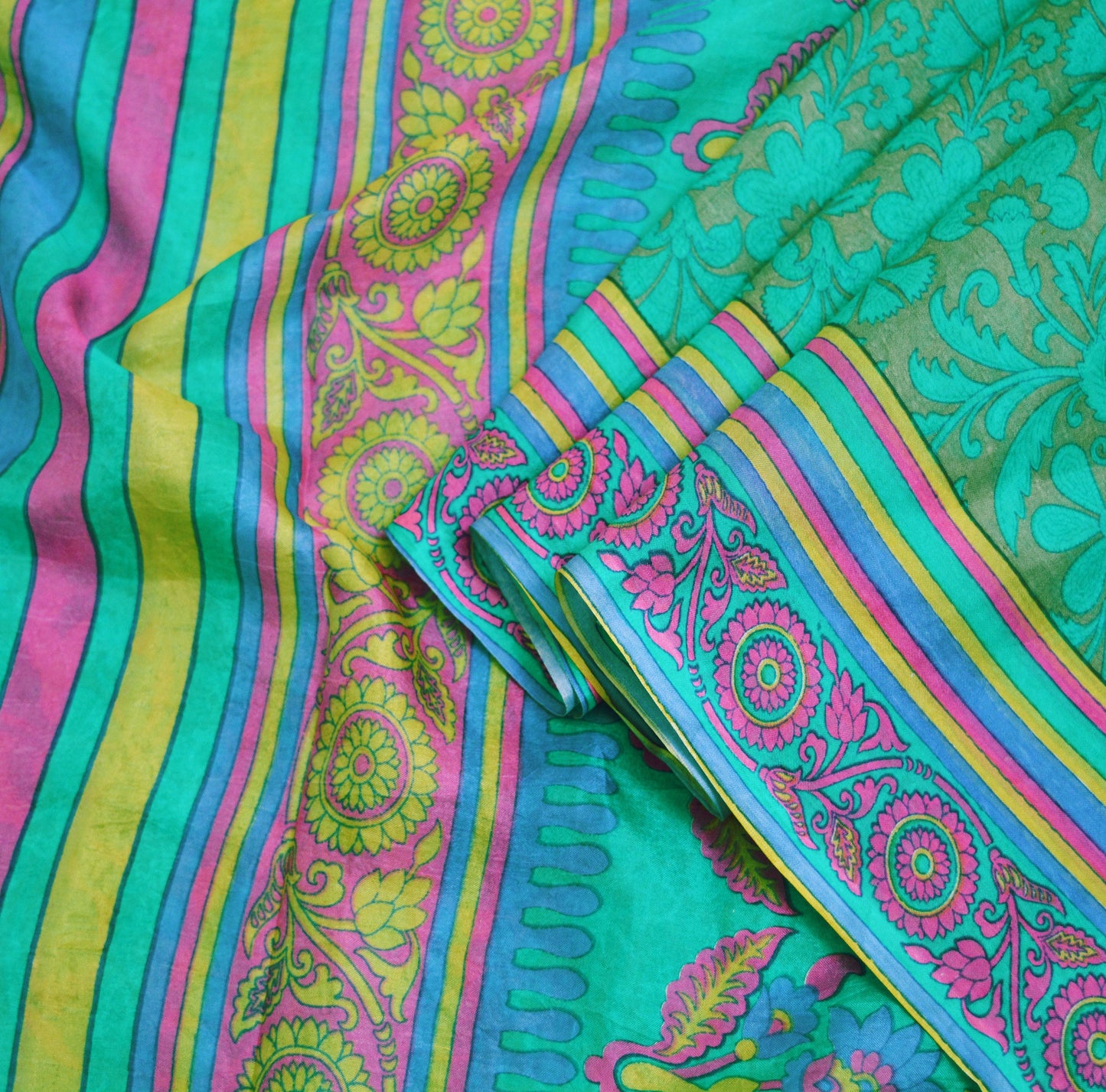 Indian Vintage Sari Green Pure Silk Printed Saree Fabric 5yd Sewing Craft DressMaking Soft Floral Design