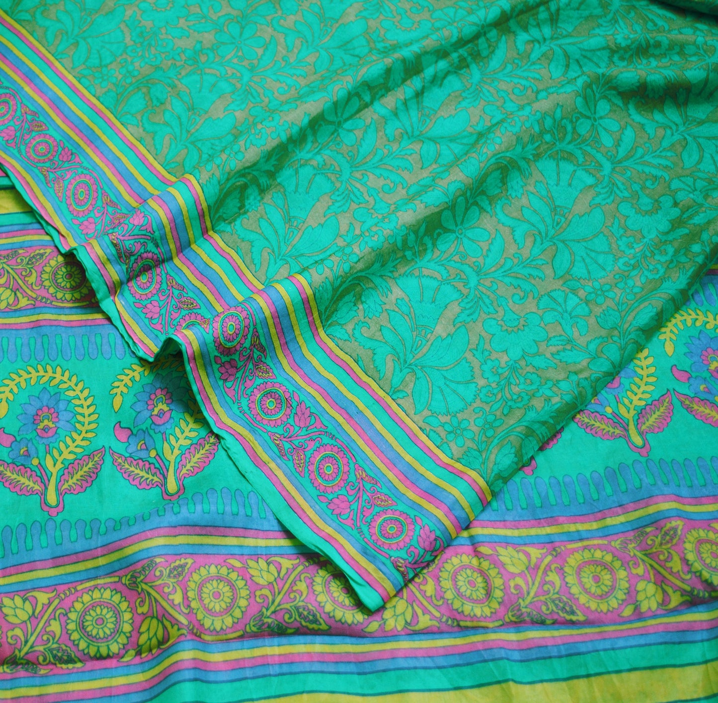 Indian Vintage Sari Green Pure Silk Printed Saree Fabric 5yd Sewing Craft DressMaking Soft Floral Design