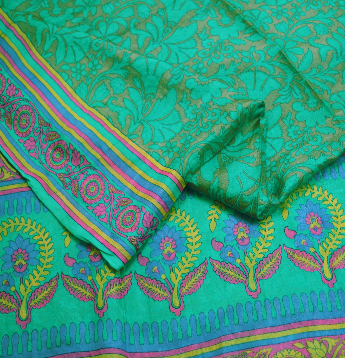 Indian Vintage Sari Green Pure Silk Printed Saree Fabric 5yd Sewing Craft DressMaking Soft Floral Design