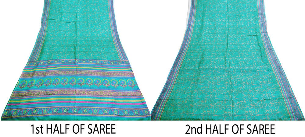 Indian Vintage Sari Green Pure Silk Printed Saree Fabric 5yd Sewing Craft DressMaking Soft Floral Design