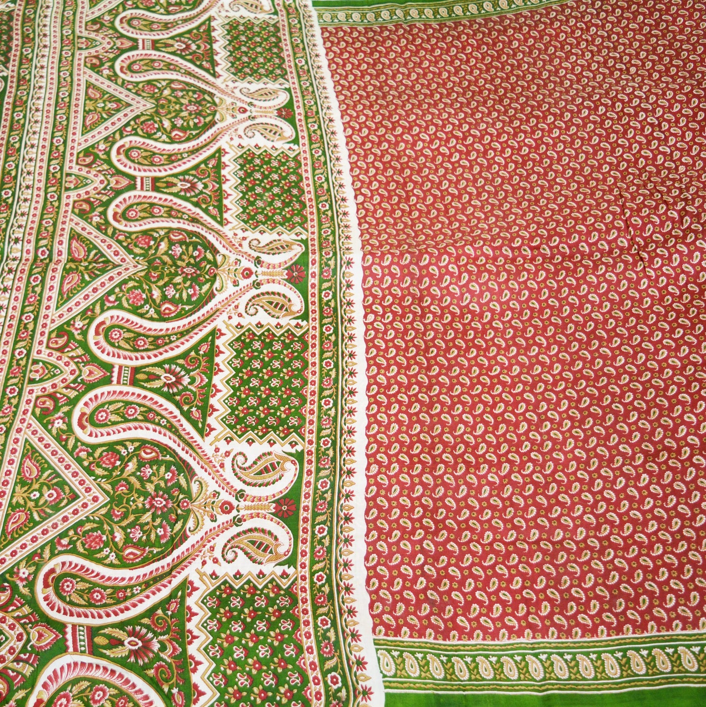 Indian Vintage Sari Red & Green Pure Silk Printed Saree Fabric 5yard Sewing Craft Fabric DressMaking Wrap