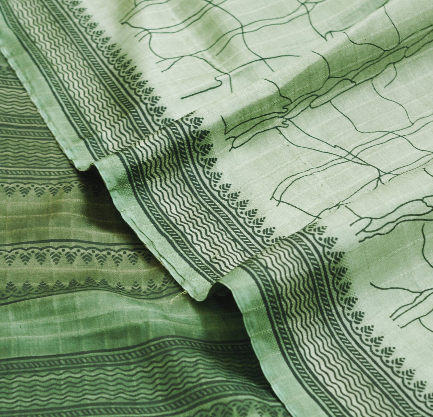 Indian Vintage Sari Green Pure Silk Printed Saree Fabric 6yd Sewing Craft DressMaking Soft Floral Design