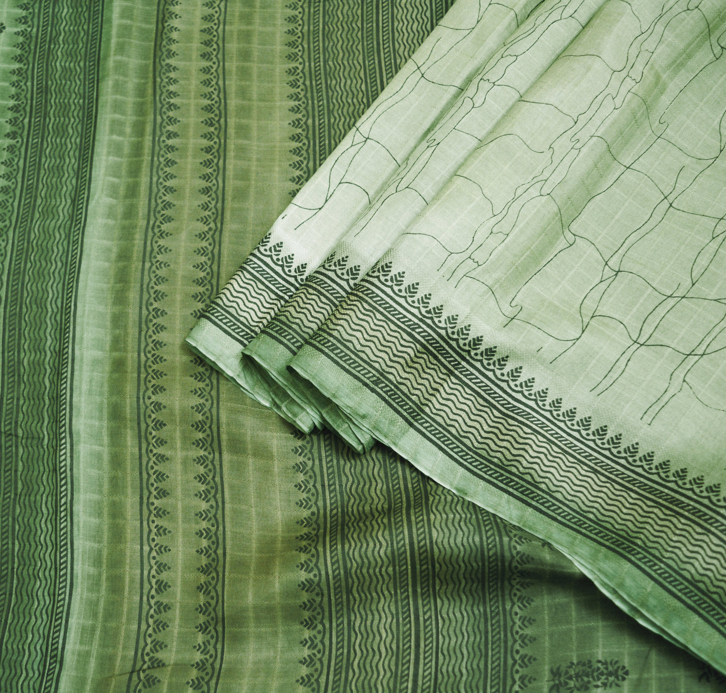 Indian Vintage Sari Green Pure Silk Printed Saree Fabric 6yd Sewing Craft DressMaking Soft Floral Design