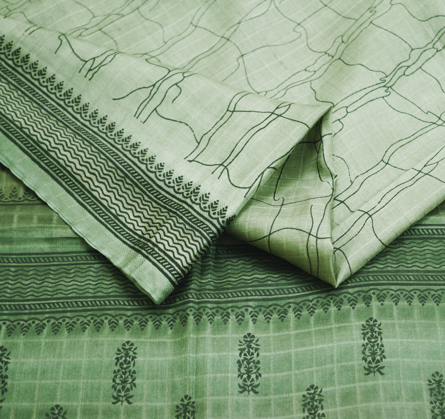 Indian Vintage Sari Green Pure Silk Printed Saree Fabric 6yd Sewing Craft DressMaking Soft Floral Design