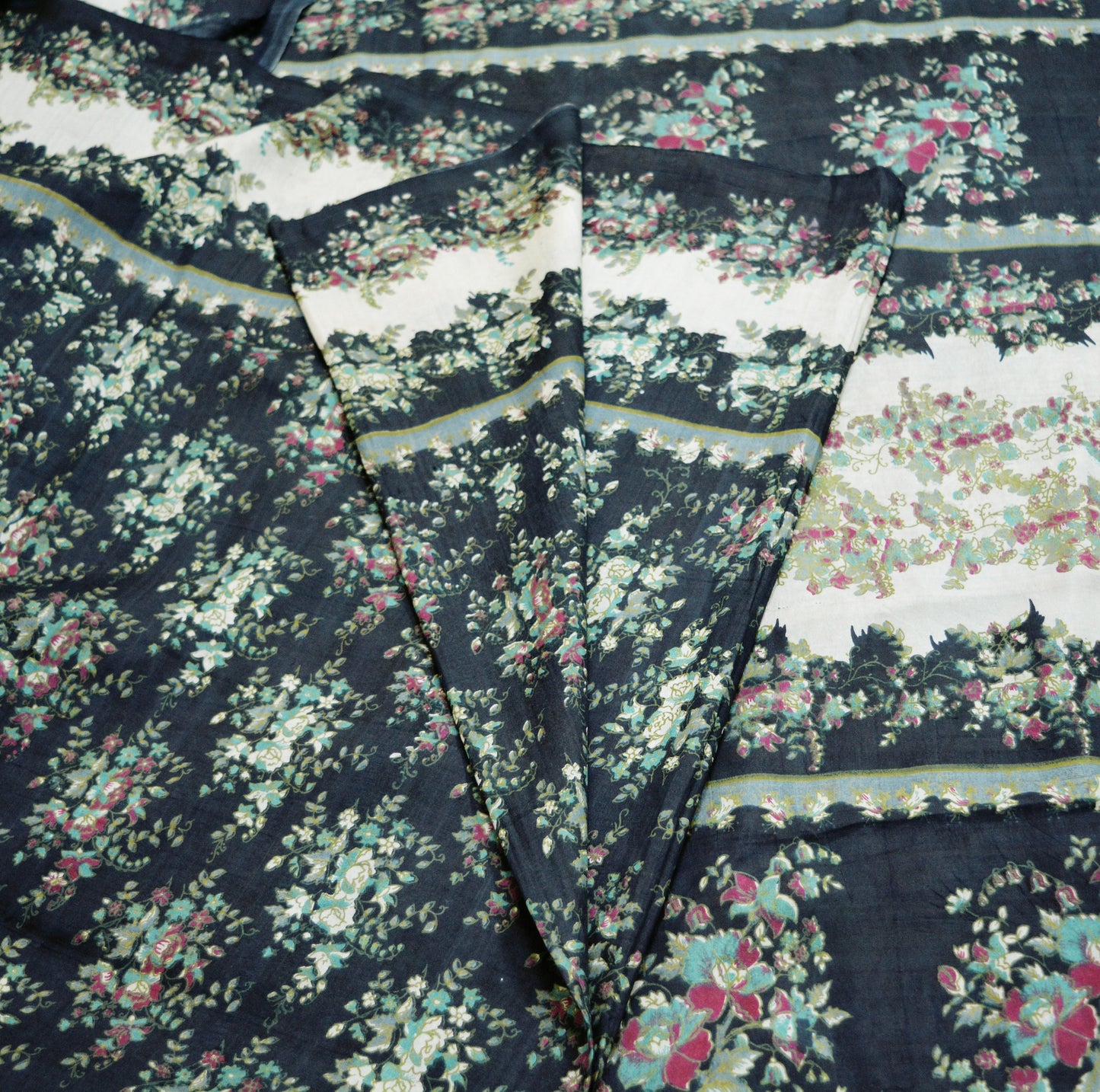 Indian Vintage Sari Deep Blue Pure Silk Printed Saree Fabric 6yard Sewing Craft DressMaking Soft Floral