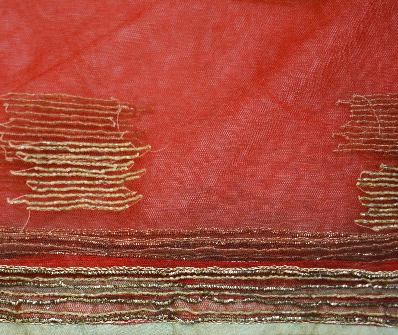 Indian Vintage Red Dupatta Long Stole Net Mess Hand Embroidered Scarves Veil Hijab Zardozi
