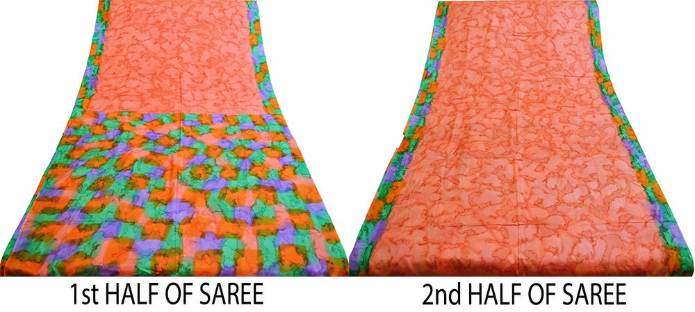 Indian Vintage Sari Orange & Peach 100% Pure Silk Tie-dye Printed Saree Fabric 6yd Sewing Craft Fabric DressMaking