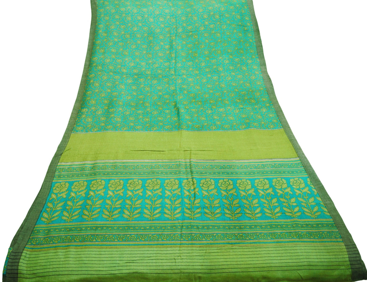 Vintage Green Heavy Saree Pure Woolen Woven Printed Indian Sari Soft Warm Fabric 5Yard Floral Woven Border