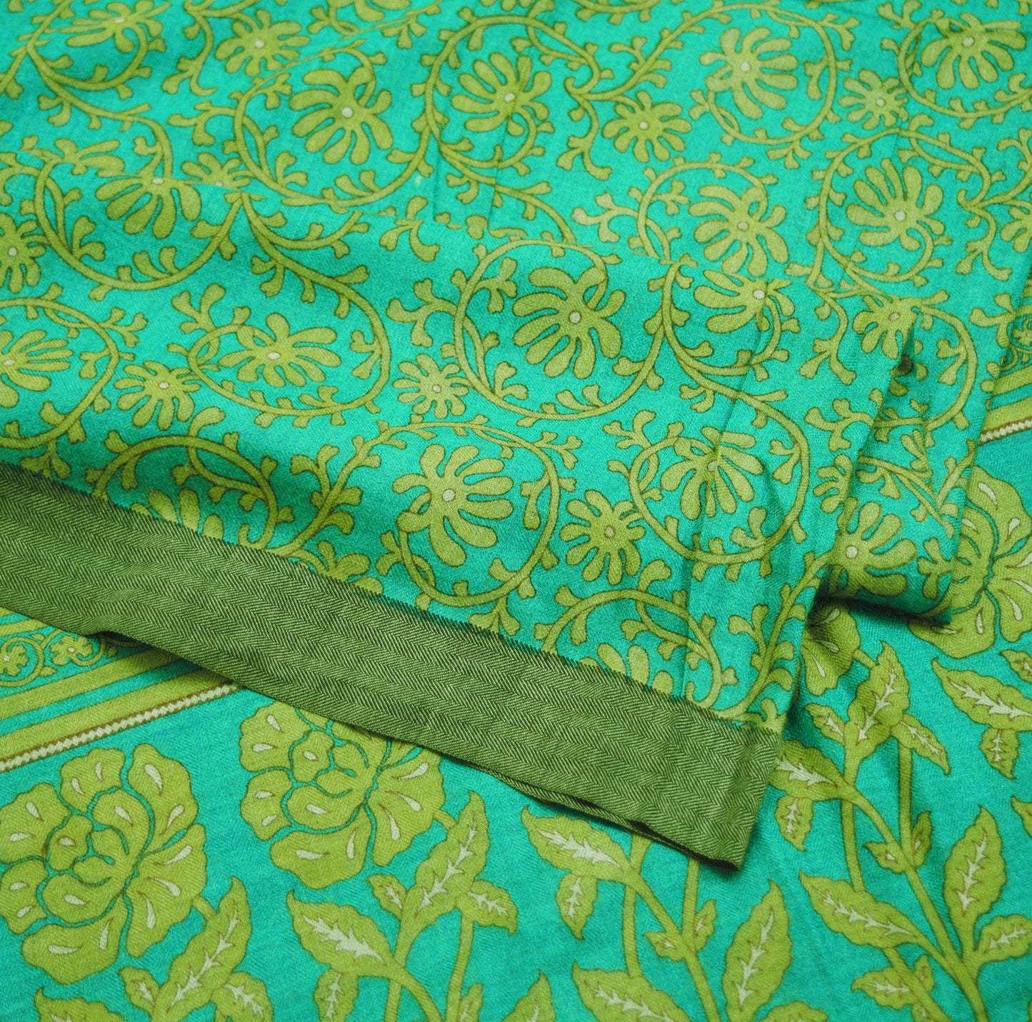 Vintage Green Heavy Saree Pure Woolen Woven Printed Indian Sari Soft Warm Fabric 5Yard Floral Woven Border