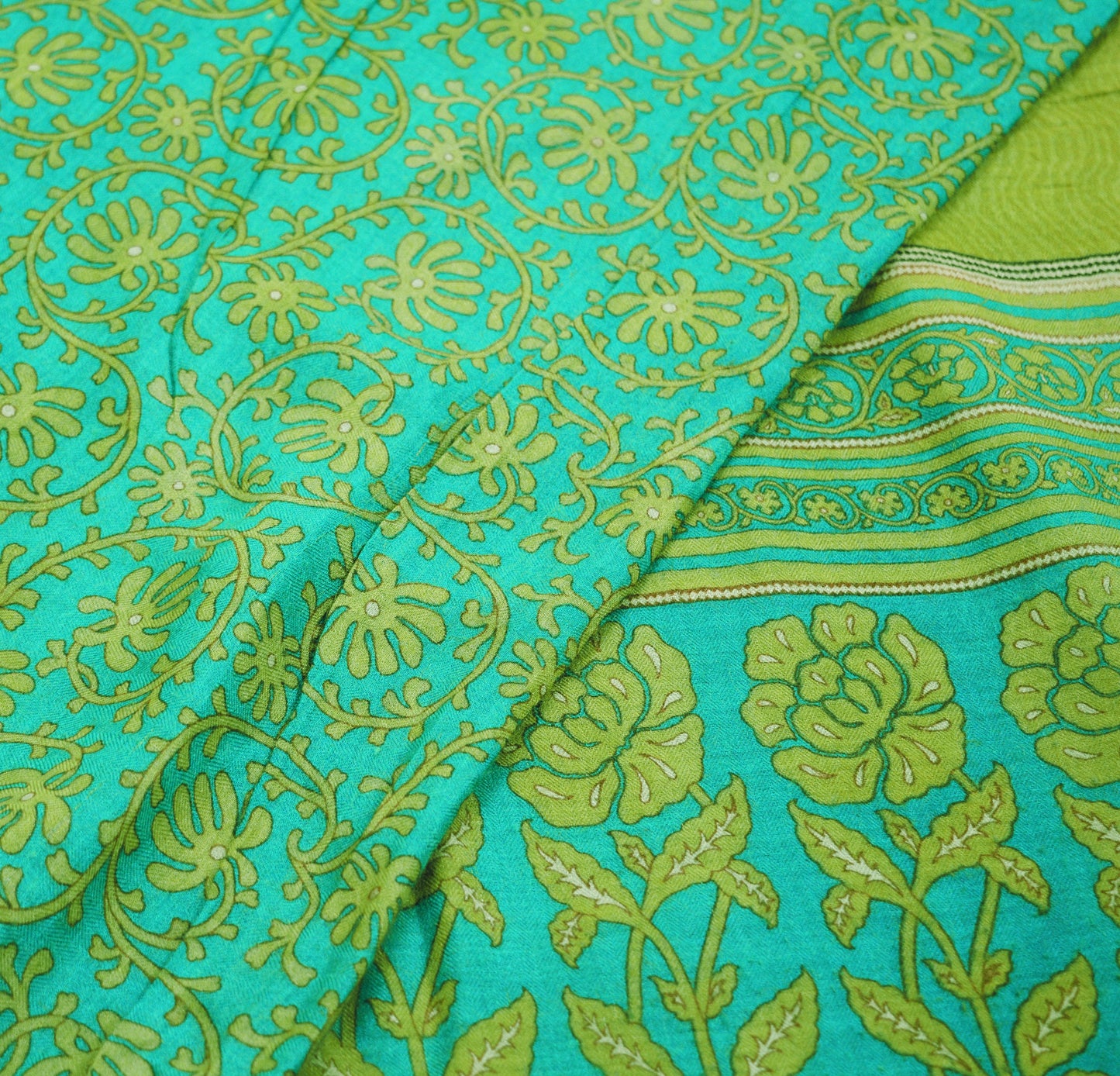 Vintage Green Heavy Saree Pure Woolen Woven Printed Indian Sari Soft Warm Fabric 5Yard Floral Woven Border