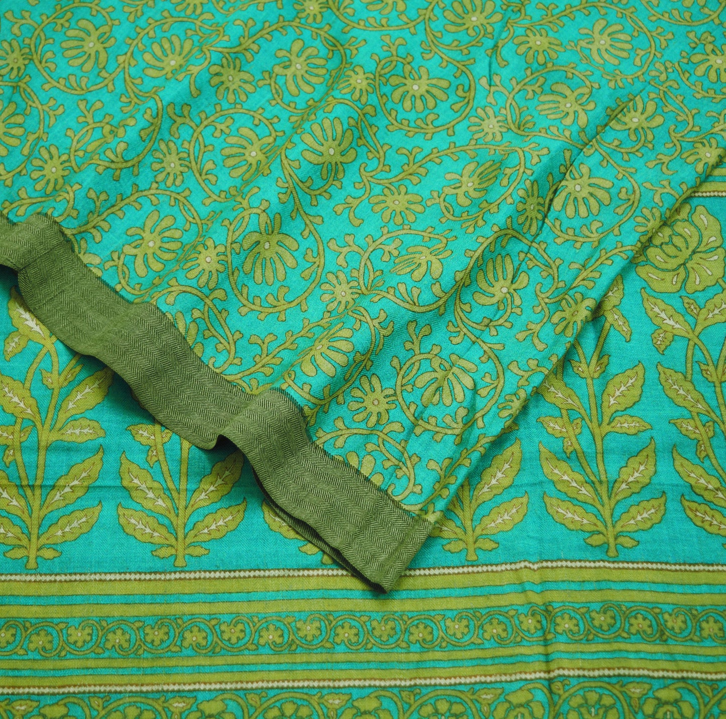 Vintage Green Heavy Saree Pure Woolen Woven Printed Indian Sari Soft Warm Fabric 5Yard Floral Woven Border