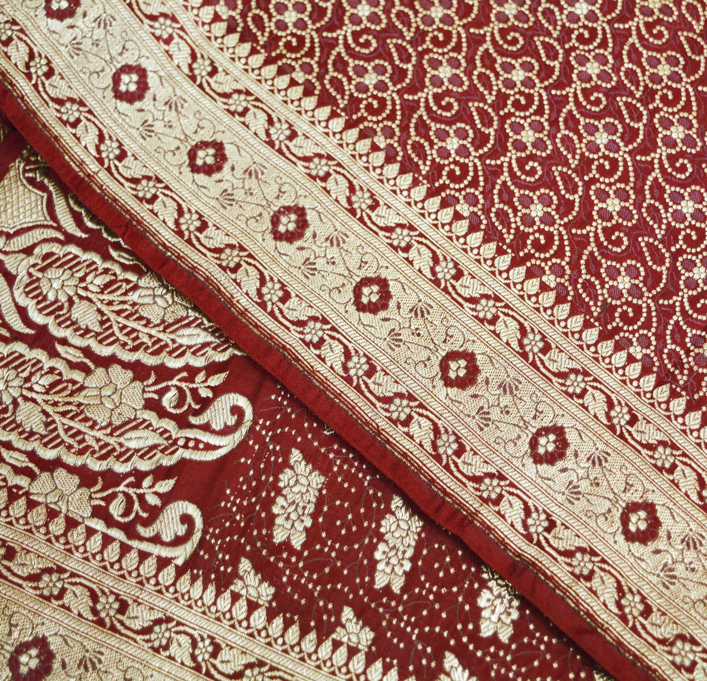 Indian Vintage Sari Maroon Heavy Wedding Pure Satin Silk Woven Banarasi Brocade Saree Golden Zari 5Yd
