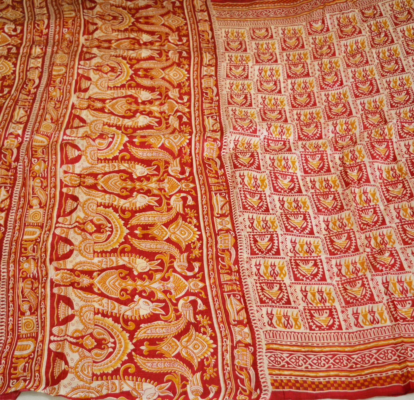 Indian Vintage Sari Ivory Pure Silk Warli Printed Saree Craft Fabric 5Yard Dress making Sewing fabric
