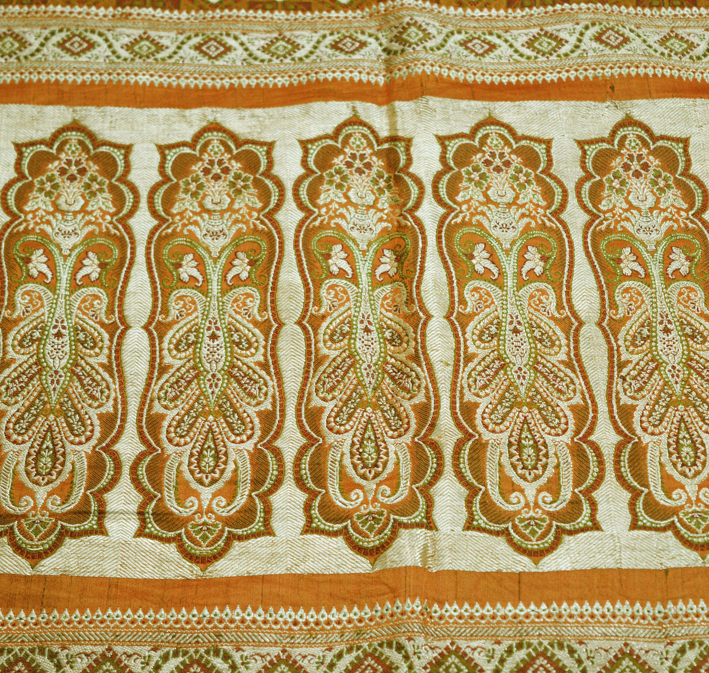 Indian Vintage Sari Saffron Heavy Wedding Pure Satin Silk Woven Banarasi Brocade Saree Golden Zari 5Yd