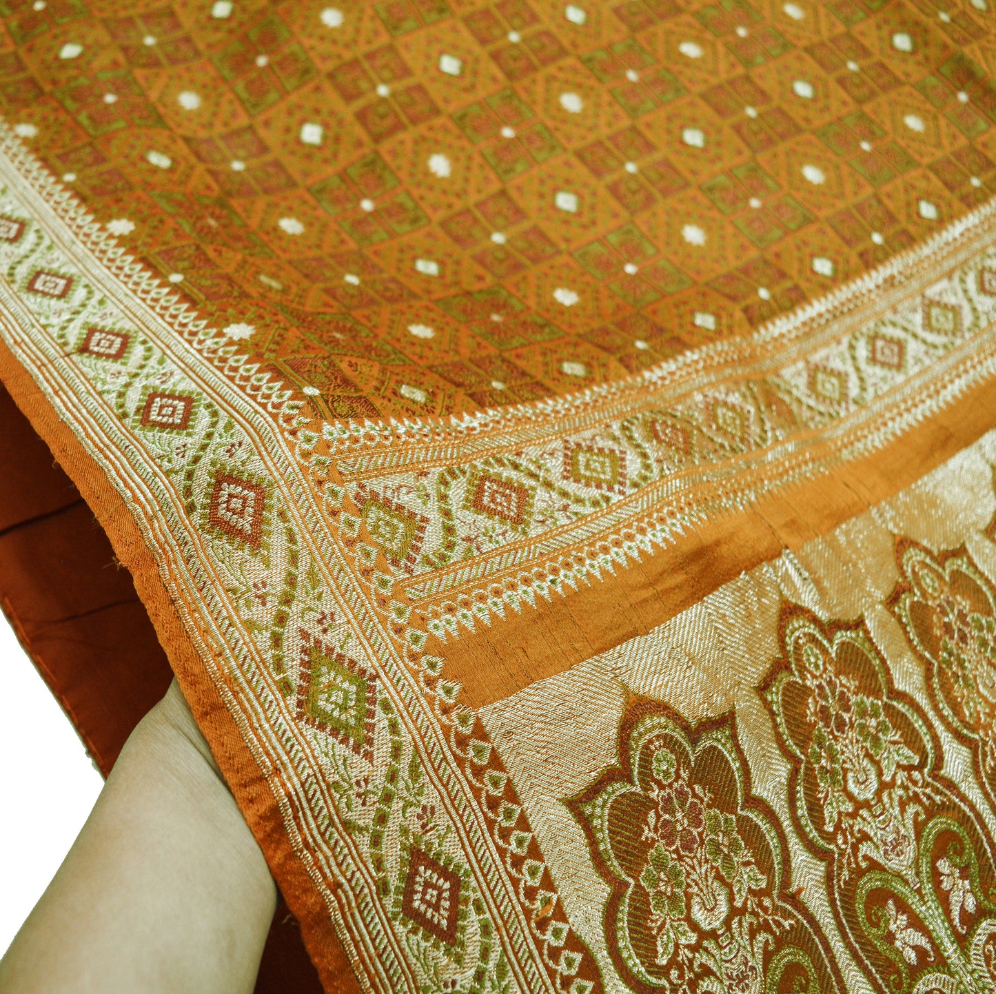 Indian Vintage Sari Saffron Heavy Wedding Pure Satin Silk Woven Banarasi Brocade Saree Golden Zari 5Yd