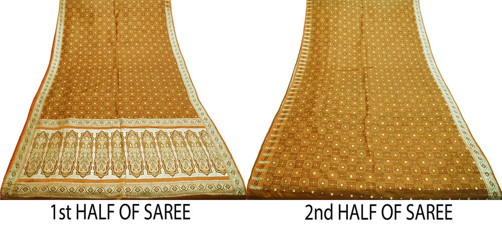 Indian Vintage Sari Saffron Heavy Wedding Pure Satin Silk Woven Banarasi Brocade Saree Golden Zari 5Yd