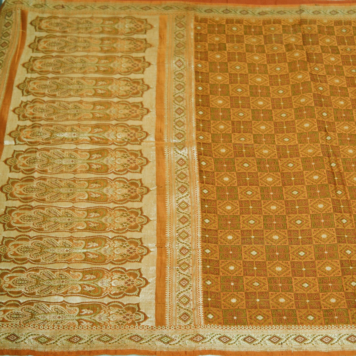 Indian Vintage Sari Saffron Heavy Wedding Pure Satin Silk Woven Banarasi Brocade Saree Golden Zari 5Yd