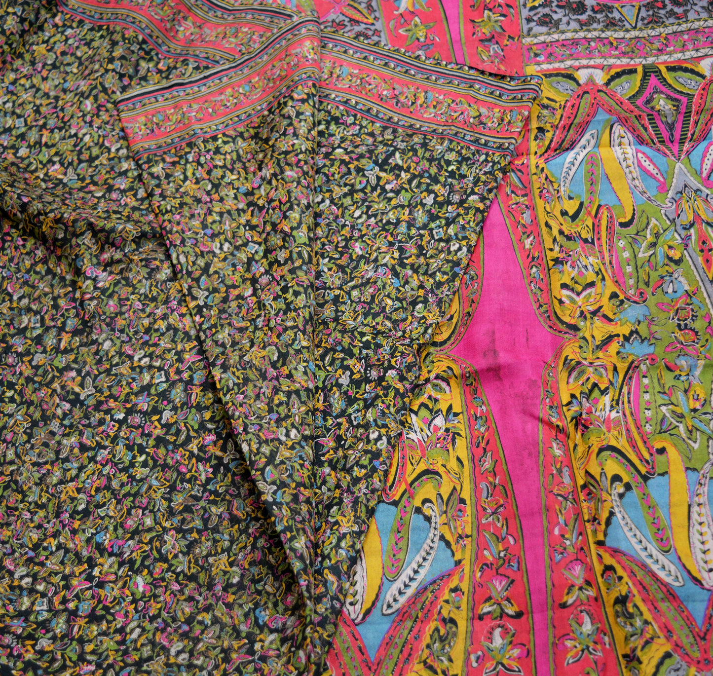 Indian Vintage Sari Black 100% Pure Silk Block Printed Saree Fabric 6yard Sewing Craft DressMaking Soft Floral